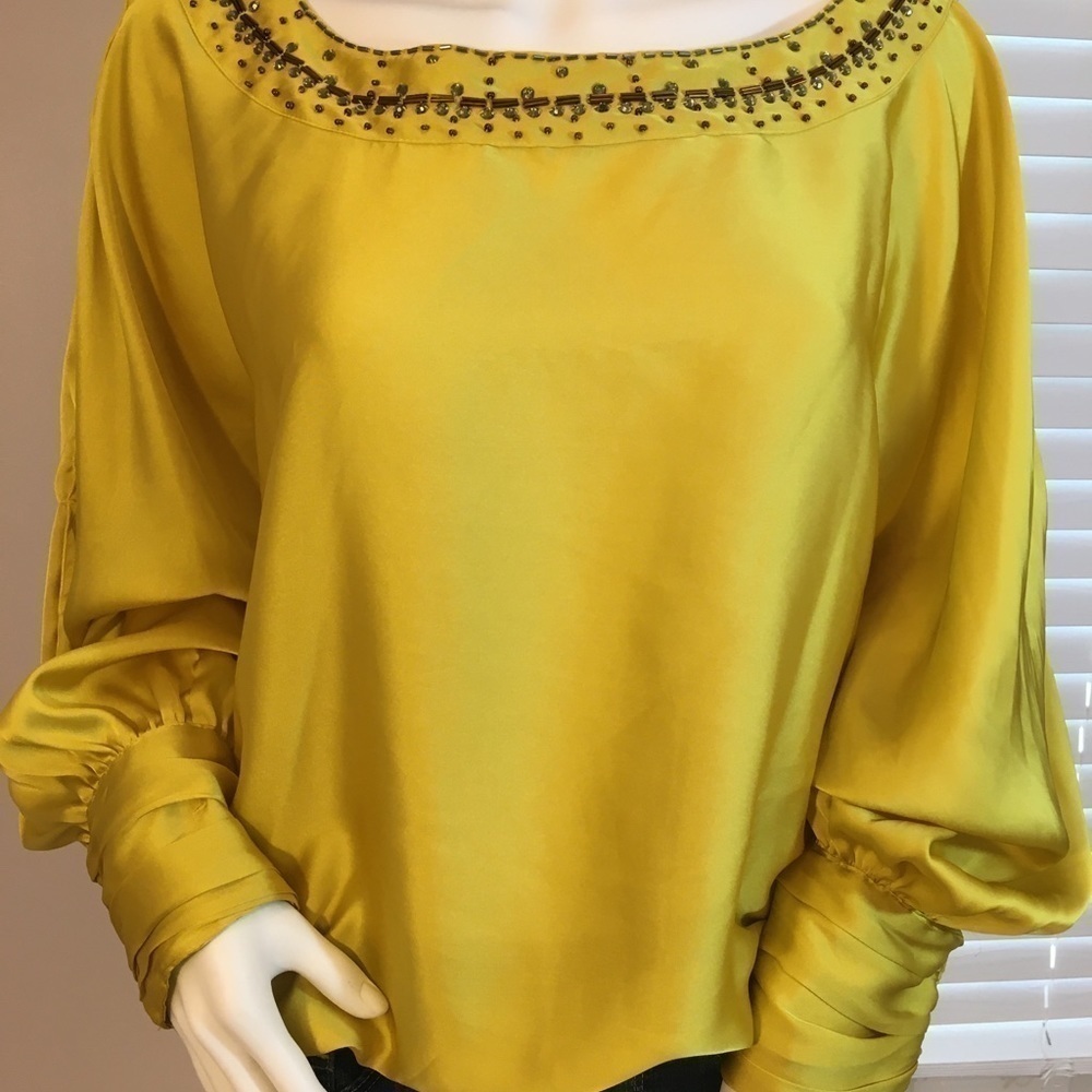 Selena & Maria Sequins Mustard Yellow Long Puff Button Sleeves Blouse Size M - Picture 12 of 16